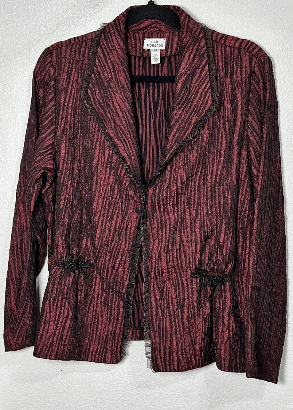 Gail Morgado Women’s Accordion Crinkle Style Maroon Black Jacket Ruffle Medium